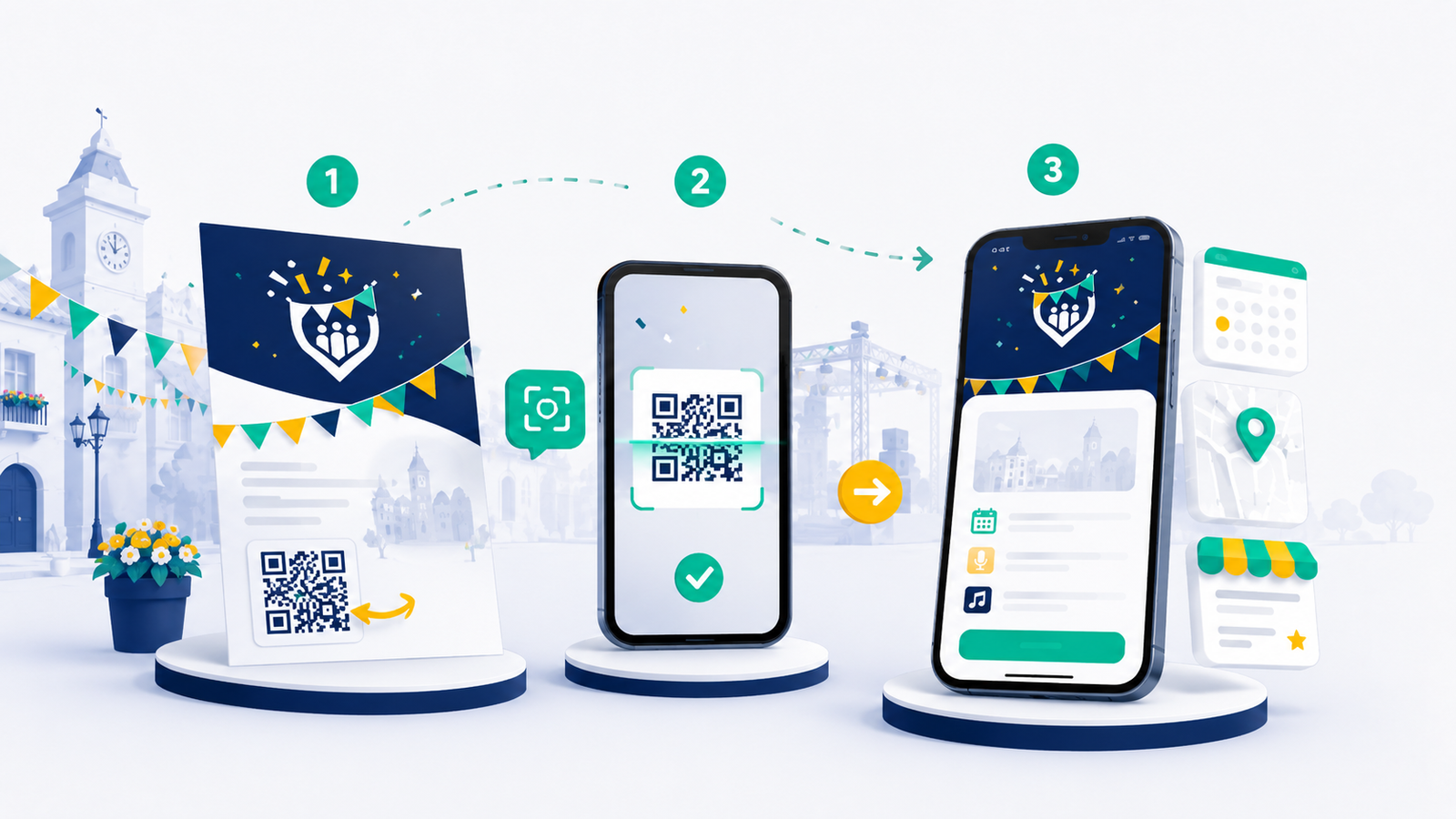 Processo Festa Smart: manifesto con QR Code, scansione e pagina evento su smartphone